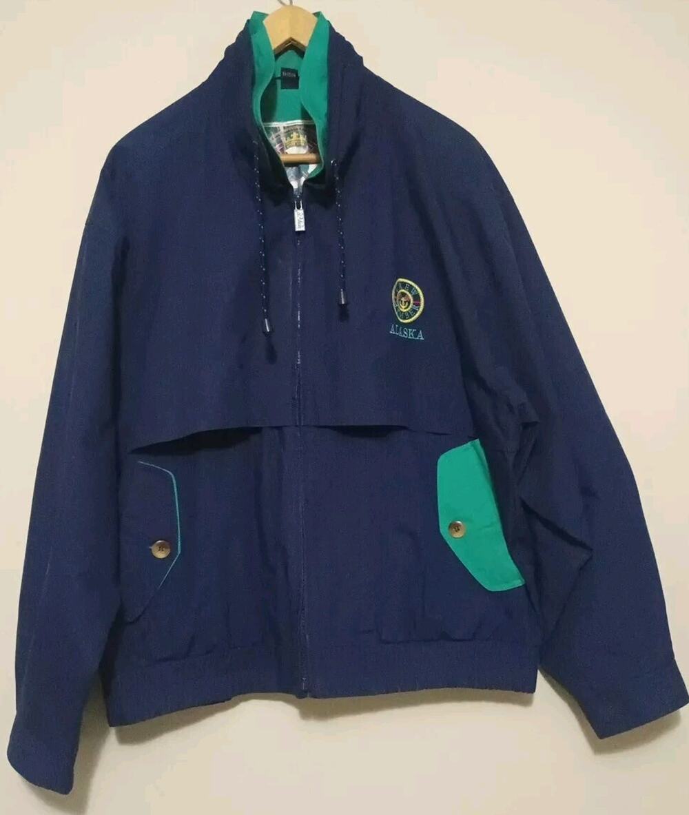 VTG Fisherman Gear Rain Jacket Mens Small Blue Alaska Crew Member Long Sleeve